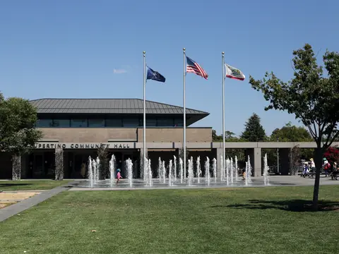 Fountains on the lawn outside Cupertino Community Hall