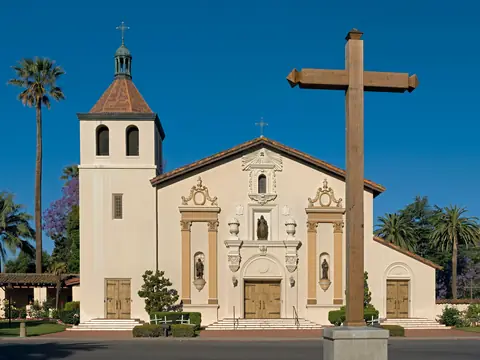 Mission Santa Clara de Asis in Santa Clara, California, under a blue sky
